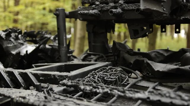 Defense vehicle, Chains detail, Dark battle. Black battle car with aggressive chains and decorations is parked in heavily wooded autumn area.