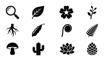 Obraz premium Nature Icons Set: Botanical Elements, Flora, Fauna, Science Symbols, Magnifying Glass, Plant Growth, Organic Shapes, Vector Graphics for Ecology and Biology