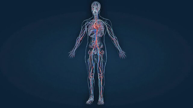 Detailed medical visualization of human blood circulation through the heart, arteries, veins, and capillaries.
