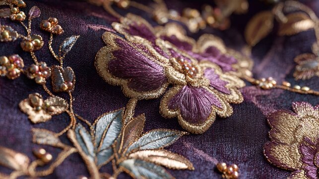 sewing. Luxurious textile with intricate floral embroidery and metallic accents, highlighting rich textures. gardening catalogs, home-decor guides, designed for home decor and floral branding.