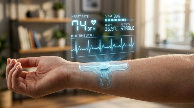 Smart bio-sensor patch attached to human arm projecting holographic real-time vital signs including heart rate and oxygen saturation.
