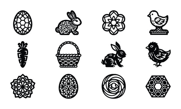 Easter Vector Icons Set: Decorative Eggs, Bunnies, Chicks, Carrots, and Flowers for Spring Celebration Graphics