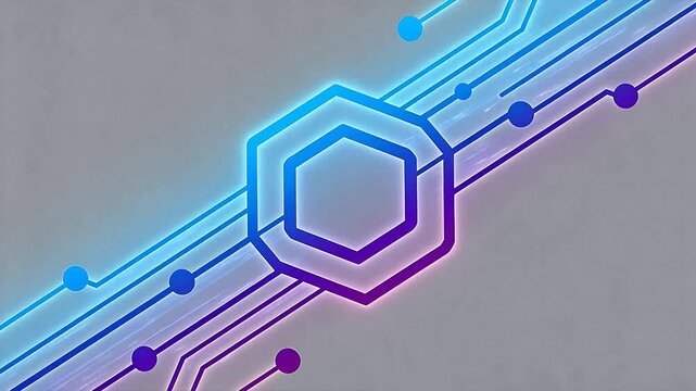 Abstract circuit board pattern with blue purple gradient lines hexagons and nodes