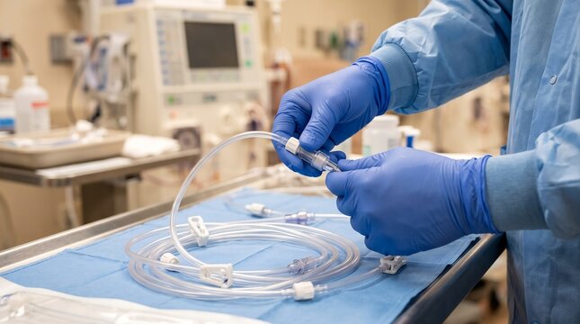 premium medical photo, close-up of gloved healthcare professional hands carefully inspecting and preparing dialysis tubing and sterile connectors on a clinical workstation
