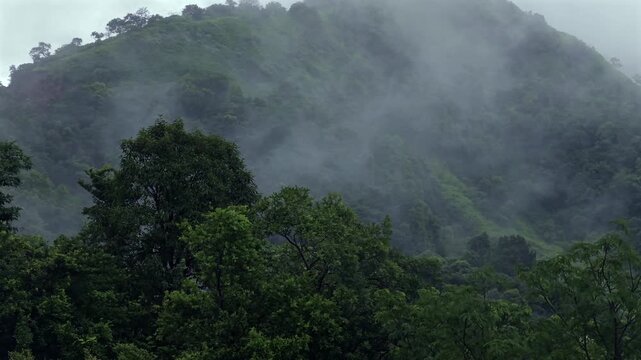 Aerial Vew of Misty Monsoon Forested Hills Western Ghats Maharashtra India