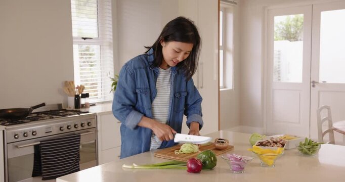 Lifestyle videos indoor of people doing activities at home, chopping vegetables in kitchen, woman pr