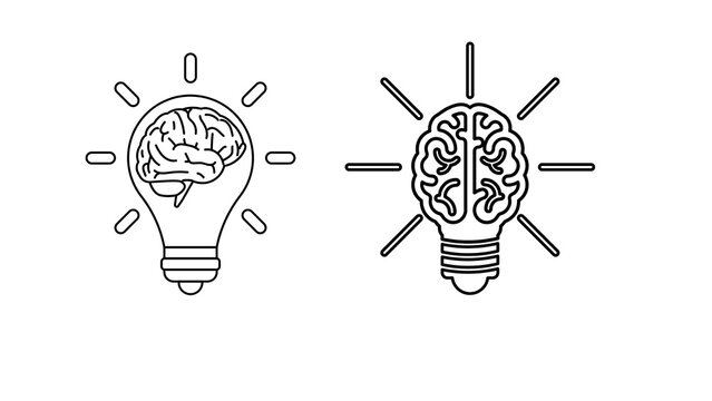 Minimalist brain lightbulb icons, creative thinking and innovation concept line art, human intelligence and bright idea symbols on white background