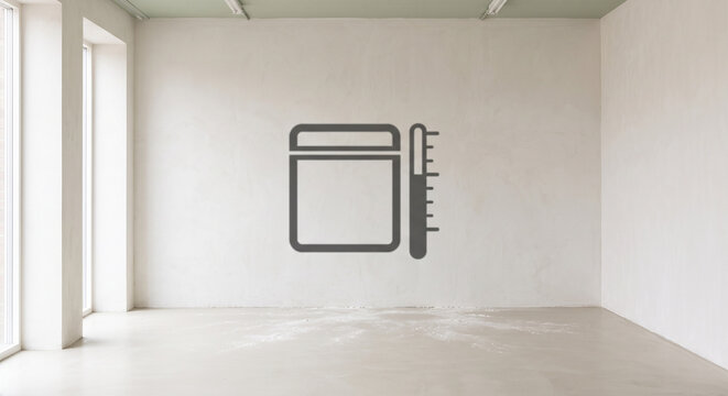 Refrigeration concept in empty minimalist room with wall pictogram