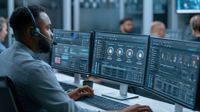 Data analyst wearing headset works on multiple desktop monitors running diagnostic software in modern control center.