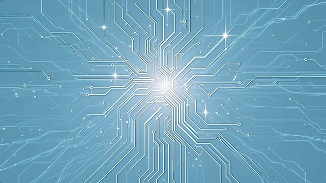 Abstract radial circuit pattern with white lines and nodes extending outward on light blue background