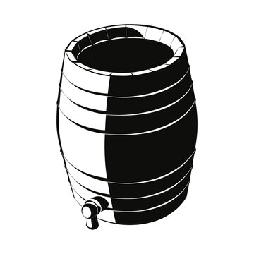 Vintage wooden wine barrel vector illustration, black and white oak beer keg with tap, rustic beverage container for brewery and winery branding