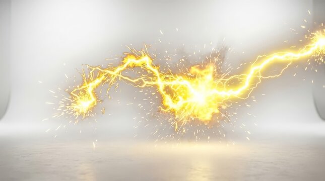 An electric burn flashes across a stark studio background, releasing dynamic yellow sparks and energy bursts in a fierce digital illustration showcasing intense power