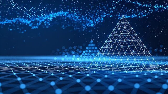 Abstract glowing triangle grid structure on deep blue background