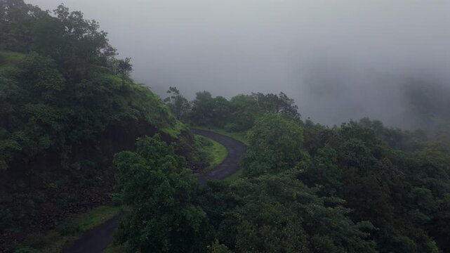 Aerial Vew of Misty Monsoon Forested Hills Western Ghats Maharashtra India