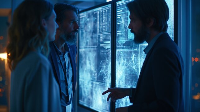 Business analysts and data scientists reviewing advanced artificial intelligence dashboards on large interactive screens