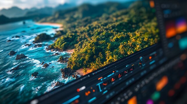 Video editor applying color grading to aerial drone footage of tropical coastline with lush greenery and turquoise waters on digital interface. Cinematic style, professional workflow.