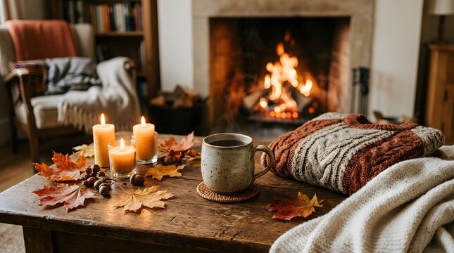 Woman in cozy sweater reading a book in a warm living room with a lit fireplace and candles