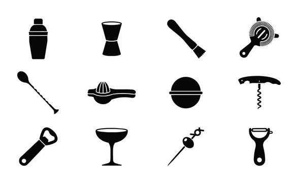 Bar Tools Vector Icons Set: Cocktail Shaker, Jigger, Strainer, Corkscrew, Peeler, Bottle Opener, Glassware, Skewer, Muddler, Citrus Juicer, Ice Mold, Bar Spoon for Mixology and Bar Service