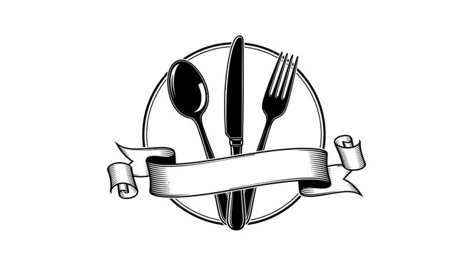 Vintage Hand Drawn Cutlery Emblem with Blank Ribbon Banner