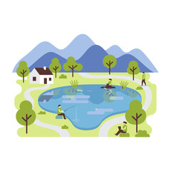 Obraz premium Modern Illustrated Scenic Pond with People Fishing and Relaxing Amidst Green Trees and Mountain