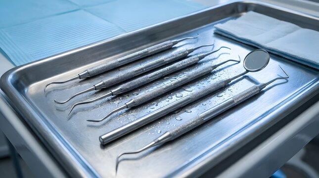 Sterile dental instruments arranged on stainless tray with gauze and water in modern dental clinic