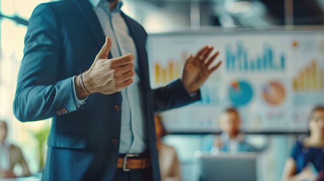 Confident businessman delivering a presentation in a modern office boardroom, gesturing with hands while explaining data charts and financial graphs to team members during a professional corporate mee