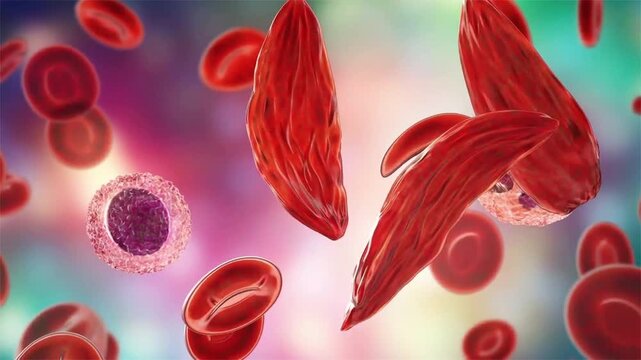 Sickle cell anaemia, 3D animation of sickle-shaped red blood cells among normal erythrocytes circulating in blood.