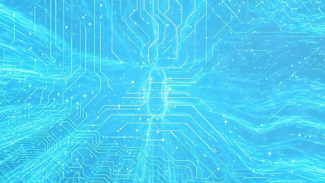 Abstract futuristic circuit board with complex white lines and glowing nodes on blue gradient background