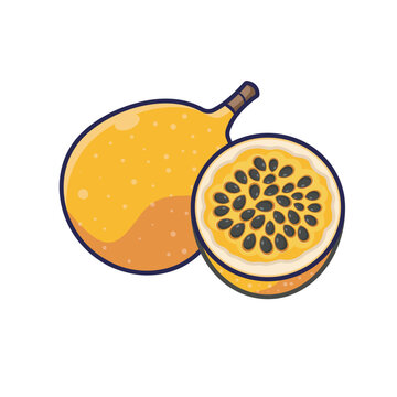 Passion Fruit Vector Illustration, Filled Line Yellow Granadilla Half and Whole Graphic for Tropical Juice, Dessert, and Healthy Food Design