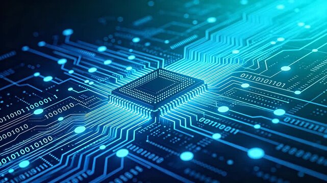 Digital microchip with glowing blue circuit lines and binary code on dark background
