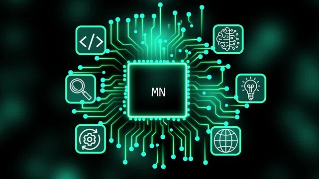 A glowing neon MN concept surrounded by smaller icons for ai. agentic icon surrounded by smaller icons for ai and manufacturing process management.