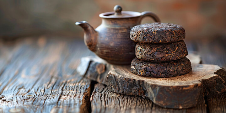 Aged puer tea cakes stacked neatly beside a traditional clay teapot on a rustic wooden surface, creating a warm and authentic scene that highlights the artisanal heritage of specialized oriental bever
