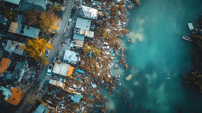 Aerial drone shot of hurricane wreckage showing flooded streets, debris-littered neighborhoods, and damaged homes. Used for disaster recovery planning, insurance claims.