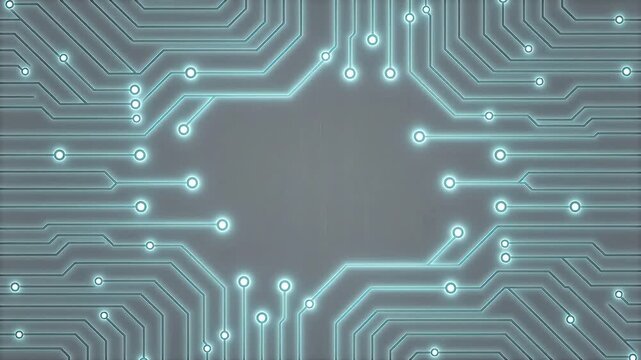 Circuit board pattern with curved gray lines and circular nodes on light gray background
