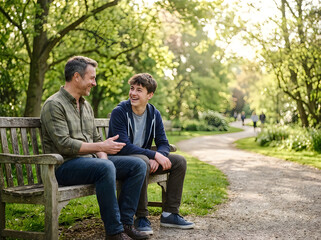 Fototapeta premium Father and son talking together while sitting on a wooden park bench