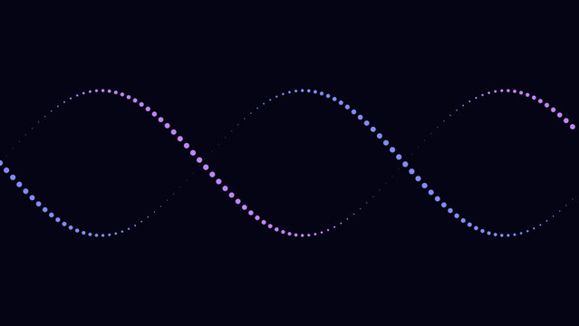 A flowing sine wave composed of purple and blue gradient dots on a dark background, abstract digital for technology and science