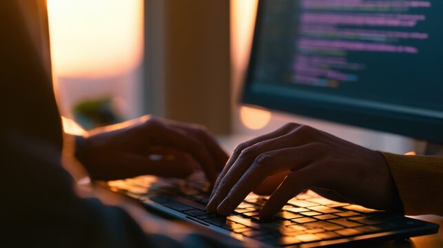 Programmer hands type code on a black computer keyboard in a dimly lit workstation while writing software.