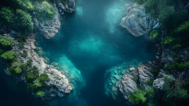 Aerial timelapse view of turquoise water surrounded by rocky cliffs and lush greenery showcasing natural landscape transformation over time from above, elegantly showcasing rocks.