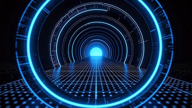 Blue futuristic tunnel with multi layered circuit pattern rings and illuminated grid floor