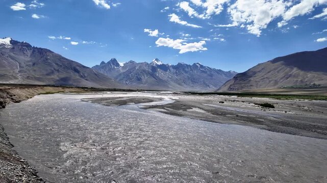 Zanskar, India : Panoramic footage Zanskar river, tributary of Indus river, near Padum of Zanskar of Ladakh, India surrounded by mountains on sunny day