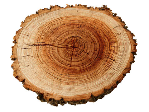 Sliced tree trunk cross section clipart forest image showing detailed annual ring pattern and rough bark edge, isolated