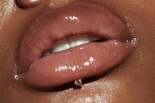 Woman's glossy brown lips with sparkling lip piercing, showcasing beauty and style
