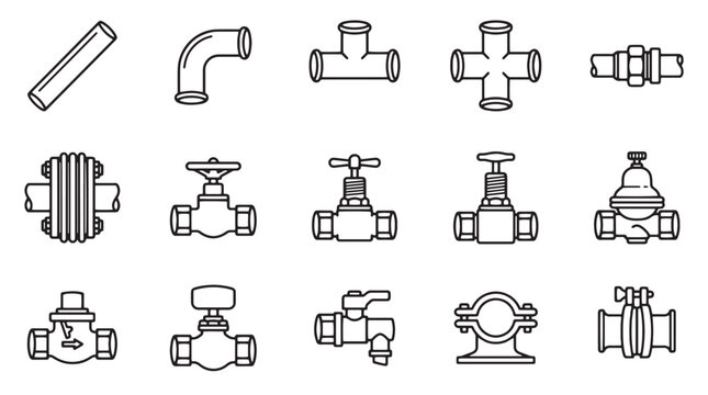 Plumbing pipe fittings and valves icon set featuring outline vector symbols on white background