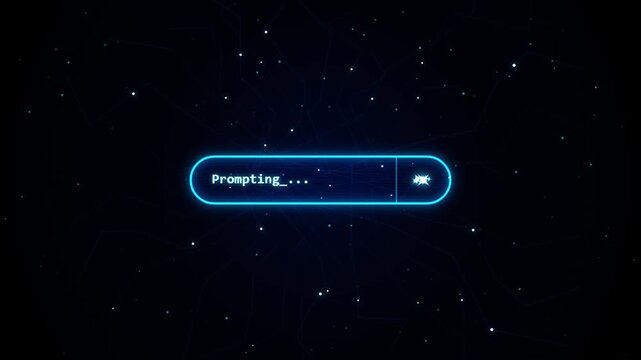 A futuristic holographic AI prompt bar and neural circuit network glowing in vibrant pink neon. Features streaming data packets, floating sparkles, and a seamless 10-second loop. Perfect for sci-fi HU