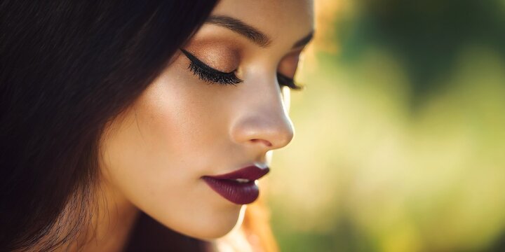 Close up face elegant young woman, closed eyes showcases professional winged eyeliner and deep maroon lipstick during a serene golden hour outdoor portrait session under warm natural light