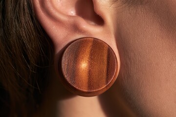Fototapeta premium Person's earlobe showing a wooden plug earring as body modification jewelry