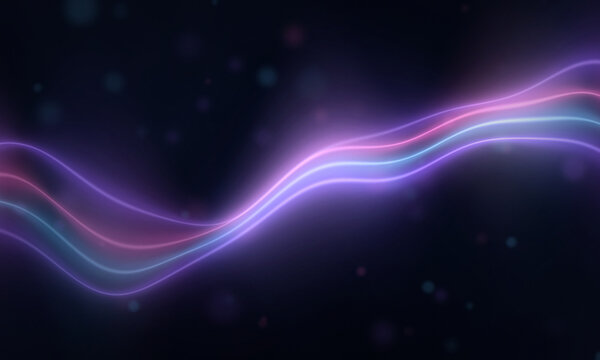 Abstract neon wave of pink and purple light flowing across dark black background