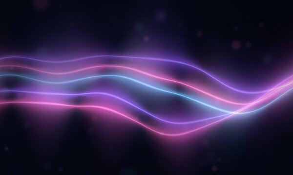 Purple neon light waves shimmering across dark background for web design header