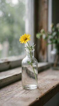 A vibrant single yellow daisy is displayed inside a transparent glass bottle resting on a weathered rustic wooden windowsill in gentle daylight