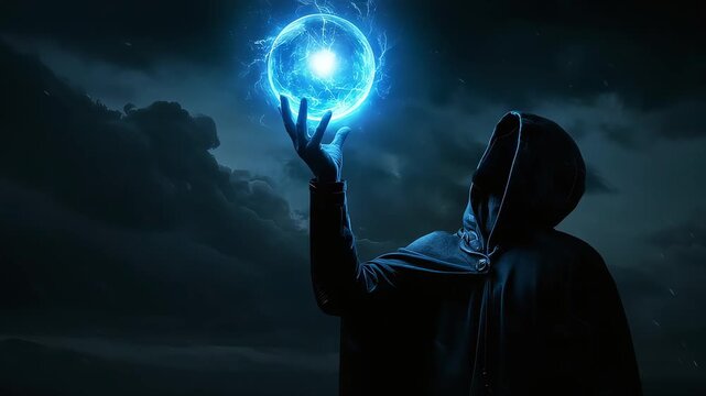 A hooded figure manipulating a blue glowing energy sphere in the darkness.